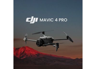 DJI Mavic 4 Pro drone flying over red volcanic mountain at sunset with cinematic background.