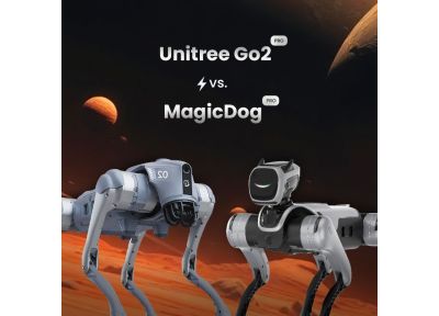 Unitree Go2 und Magicdog Pro im direkten Vergleich vor futuristischer Marslandschaft, quadratisches Layout