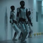 Drei MagicBot Gen1 Roboter stehen in futuristischer Innenumgebung nebeneinander