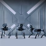 Drei Magicdog EDU Roboterhunde in futuristischer Hightech-Umgebung, frontal dargestellt

