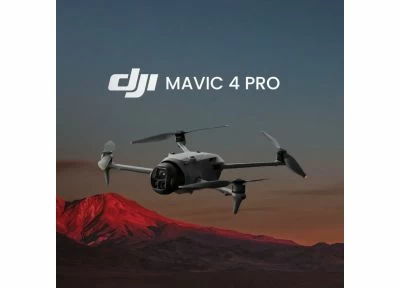 DJI Mavic 4 Pro drone flying over red volcanic mountain at sunset with cinematic background.