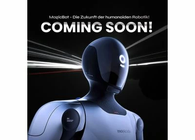 Ankündigung für MagicBot, humanoider Roboter der nächsten Generation mit Coming Soon Hinweis auf dunklem Hintergrund
