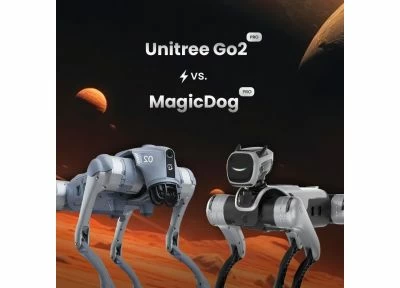 Unitree Go2 und Magicdog Pro im direkten Vergleich vor futuristischer Marslandschaft, quadratisches Layout